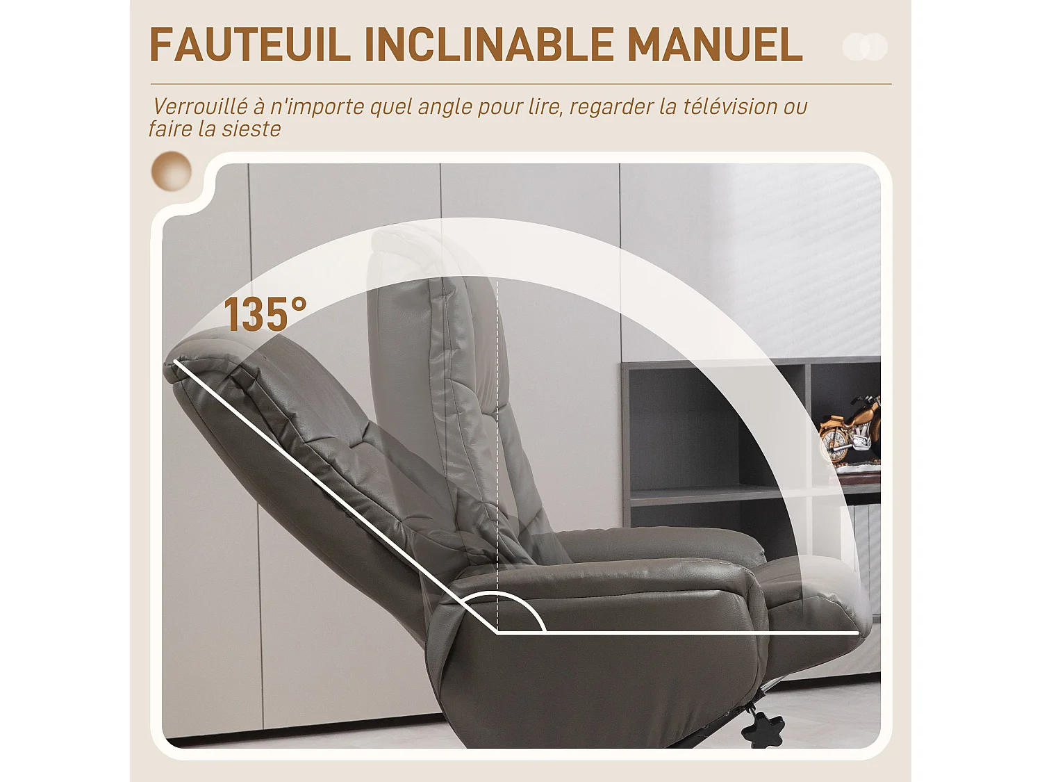 Fauteuil relax inclinable avec repose-pied assorti - fonction à bascule - bois revêtement synthétique gris