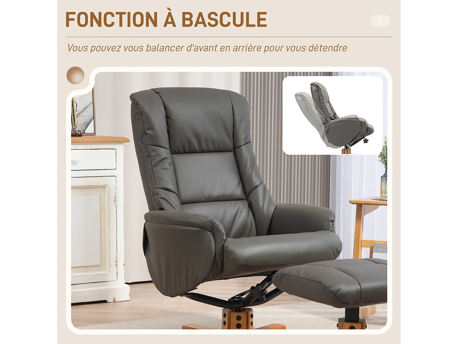 Fauteuil relax inclinable avec repose-pied assorti - fonction à bascule - bois revêtement synthétique gris