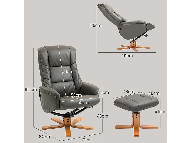 Fauteuil relax inclinable avec repose-pied assorti - fonction à bascule - bois revêtement synthétique gris