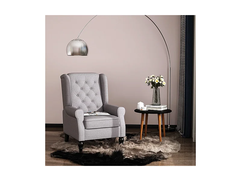 Fauteuil à oreilles style Chesterfield dossier capitonné grand confort bois noir tissu gris clair