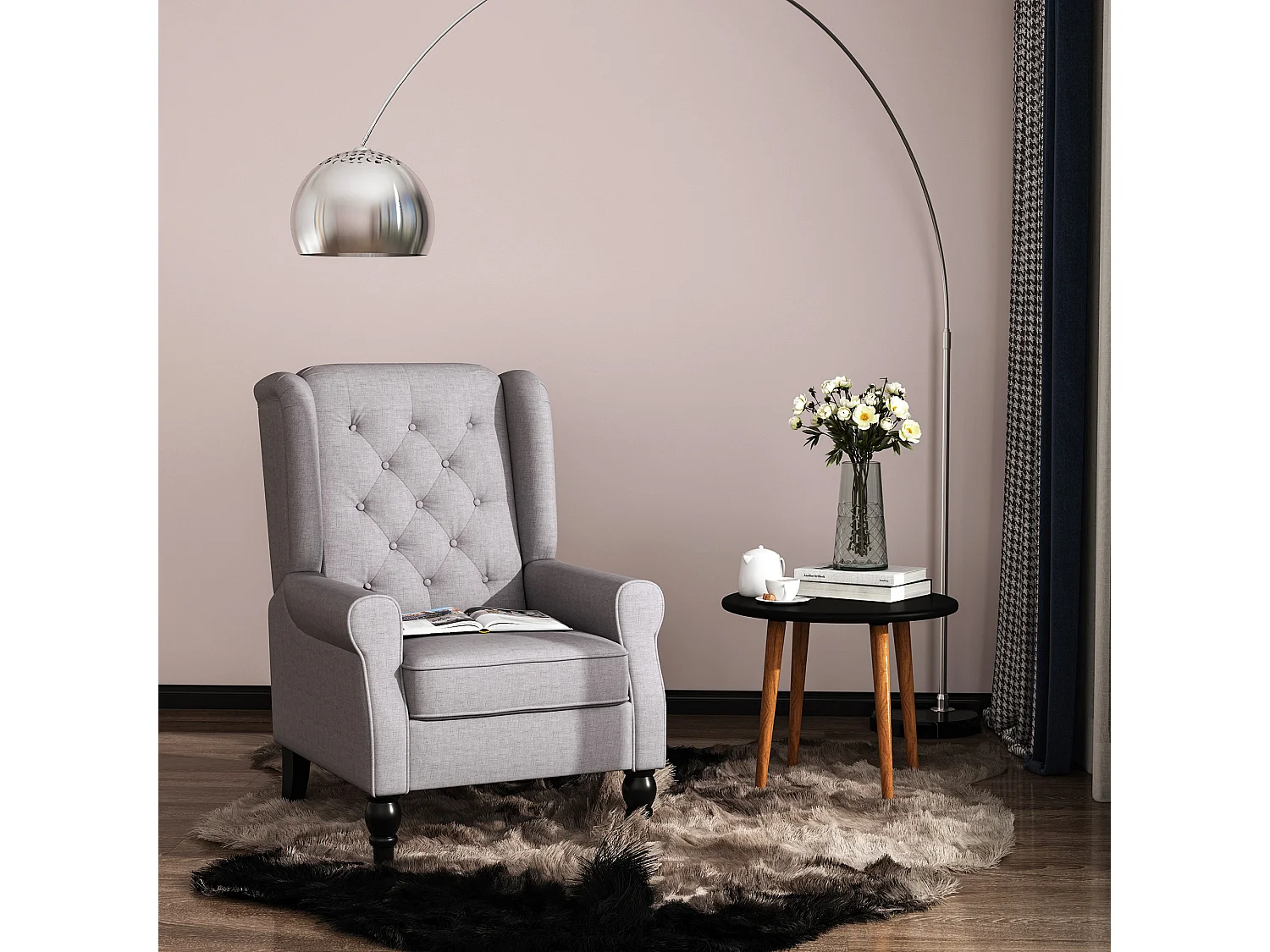 Fauteuil à oreilles style Chesterfield dossier capitonné grand confort bois noir tissu gris clair