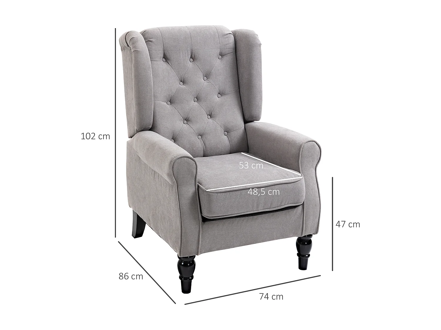 Fauteuil à oreilles style Chesterfield dossier capitonné grand confort bois noir tissu gris clair