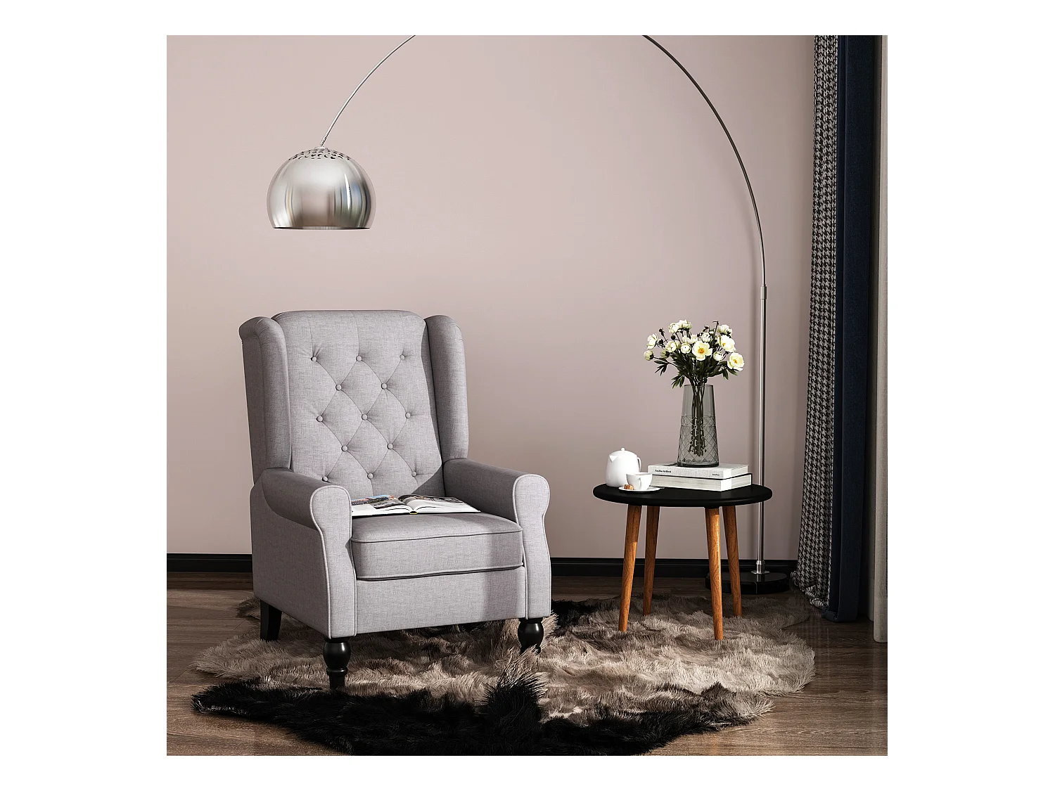 Fauteuil à oreilles style Chesterfield dossier capitonné grand confort bois noir tissu gris clair