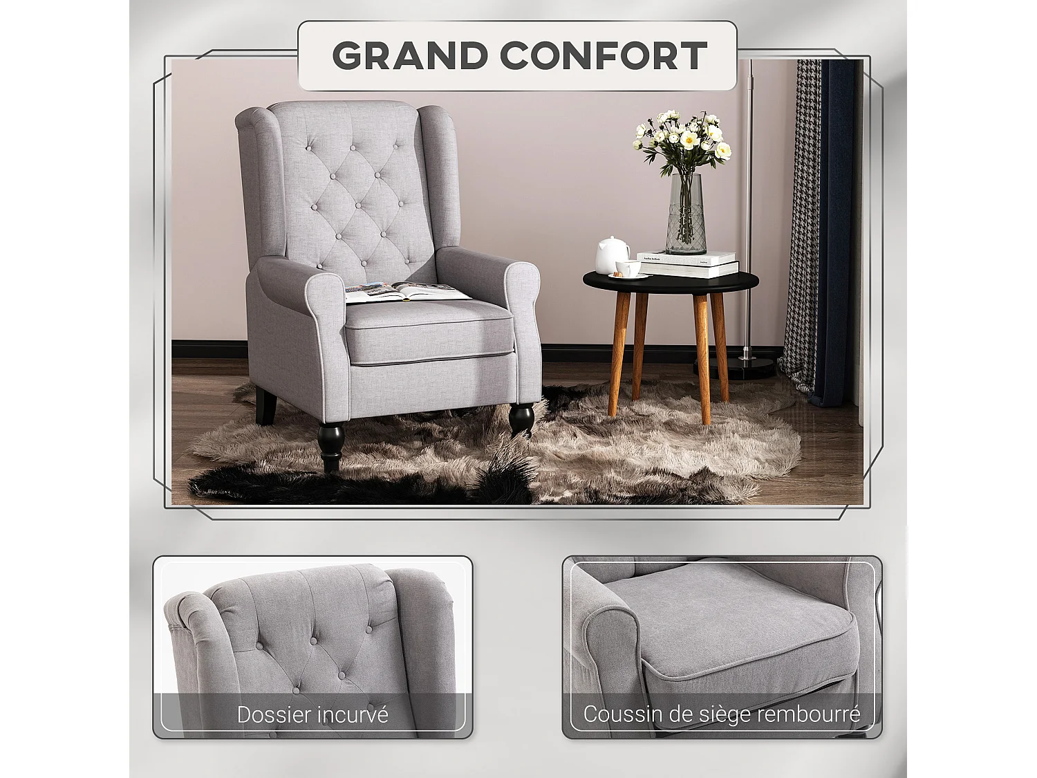 Fauteuil à oreilles style Chesterfield dossier capitonné grand confort bois noir tissu gris clair