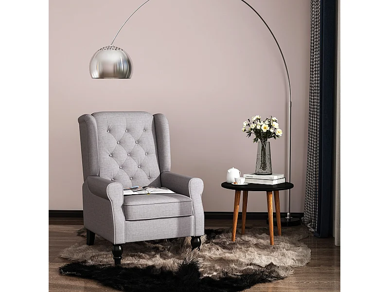 Fauteuil à oreilles style Chesterfield dossier capitonné grand confort bois noir tissu gris clair