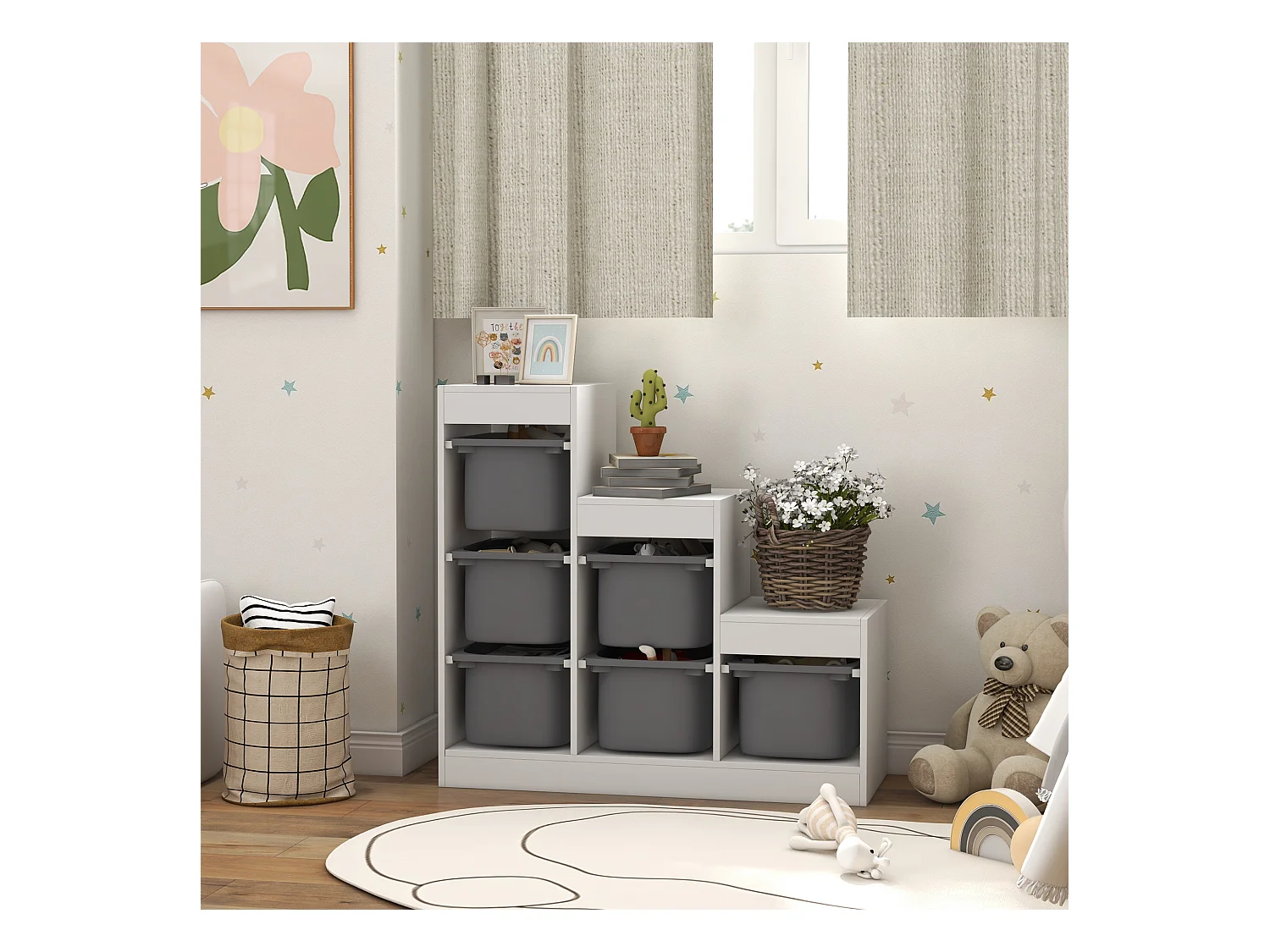 Rangement enfant - combinaison structure + bacs - coffre à jouet dim. 96L x 38l x 90H cm - blanc gris