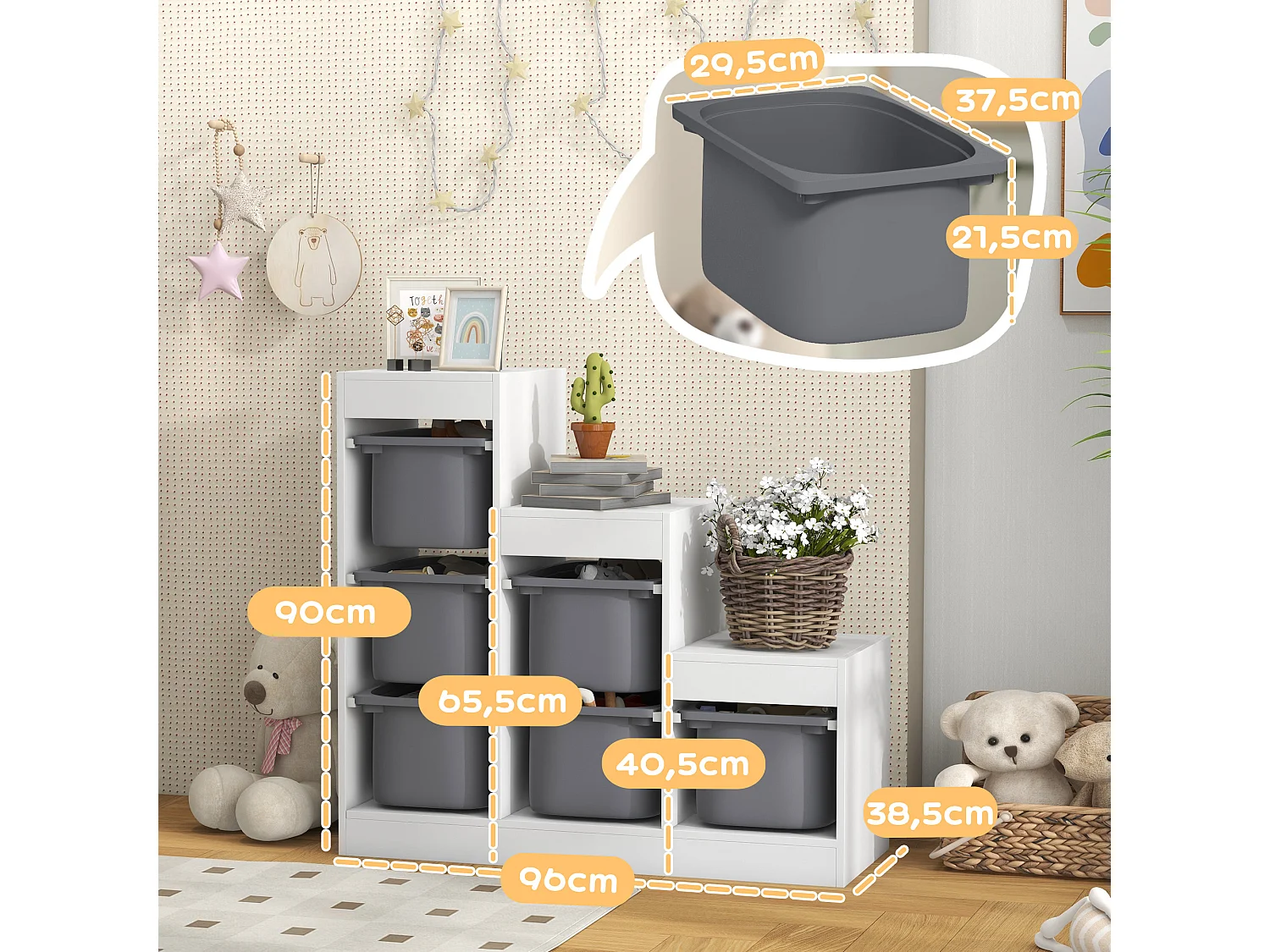 Rangement enfant - combinaison structure + bacs - coffre à jouet dim. 96L x 38l x 90H cm - blanc gris