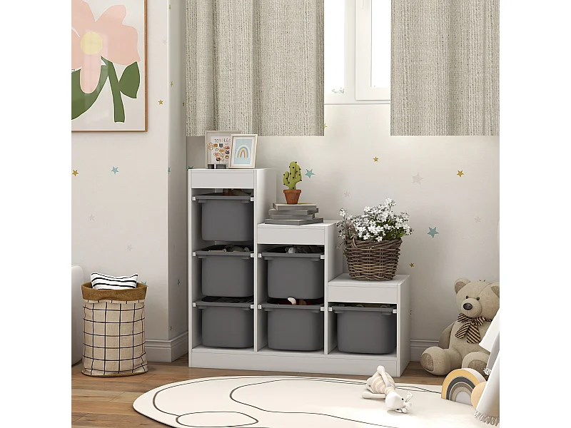 Rangement enfant - combinaison structure + bacs - coffre à jouet dim. 96L x 38l x 90H cm - blanc gris