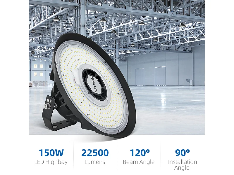 Anten Industrie-LED-Flutlicht 150 W | UFO-Hallenleuchte | Kaltweiß 5000 K, 22500 lm, Beleuchtung für Lager/Werkstatt/Hängezimmer/Garage/Ausstellungsraum
