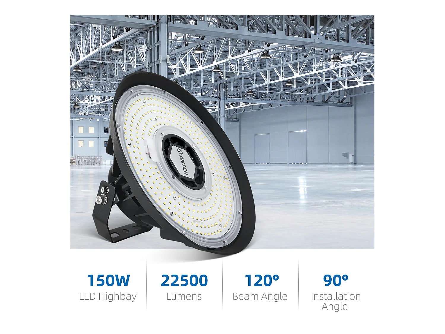Anten Projecteur LED Industriel 150W| UFO Haute Baie Lampe|Blanc Froid 5000K 22500LM, Éclairage pour Entrepôt/Atelier/Hanger/Garage/Salle d'exposition