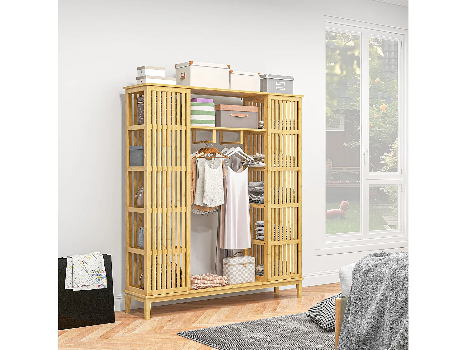 Armoire penderie en bambou - 2 portes coulissantes, 7 étagères, 2 barres - dim. 145L x 35l x 165Hcm