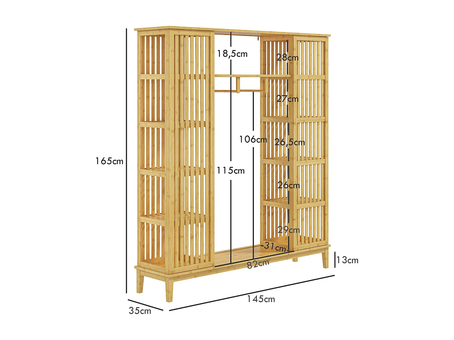 Armoire penderie en bambou - 2 portes coulissantes, 7 étagères, 2 barres - dim. 145L x 35l x 165Hcm