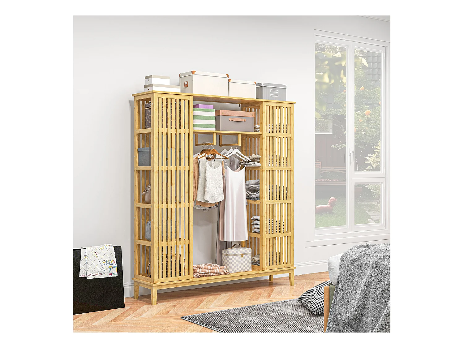 Armoire penderie en bambou - 2 portes coulissantes, 7 étagères, 2 barres - dim. 145L x 35l x 165Hcm