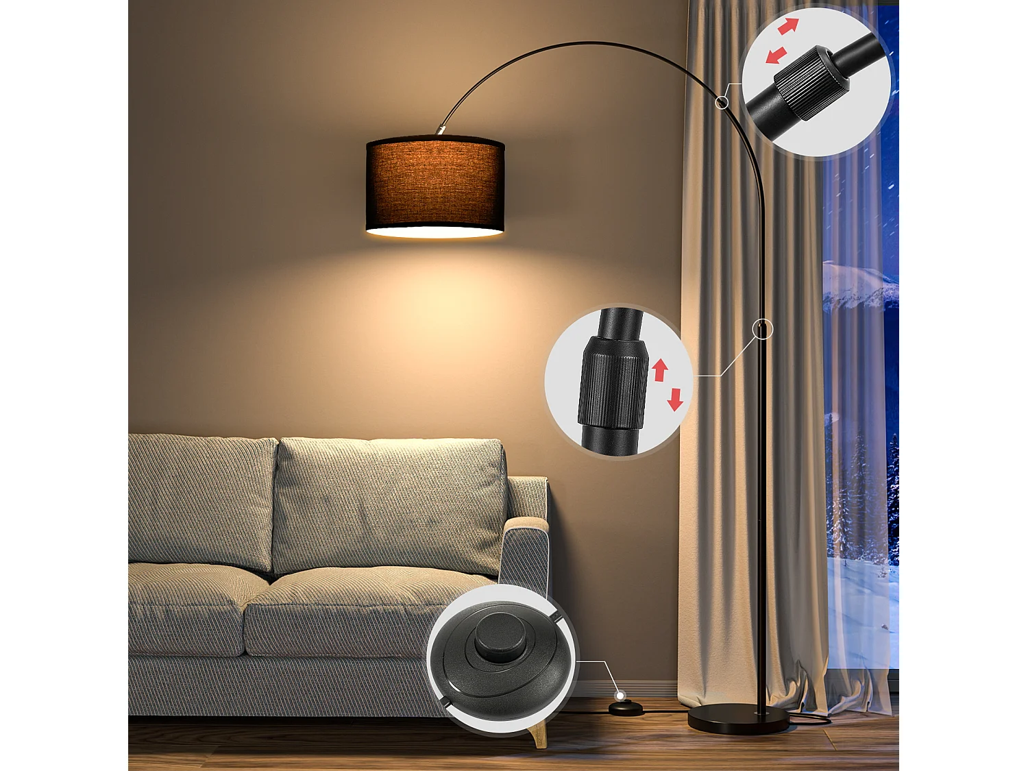 JASMIN Bogen-Stehleuchte | Klassische Stehlampe | E27 9 W 3000 K LED-Birne enthalten | 33 cm schwarzer Lampenschirm | Fußschalter für Schlafzimmer/Büro/Hotel