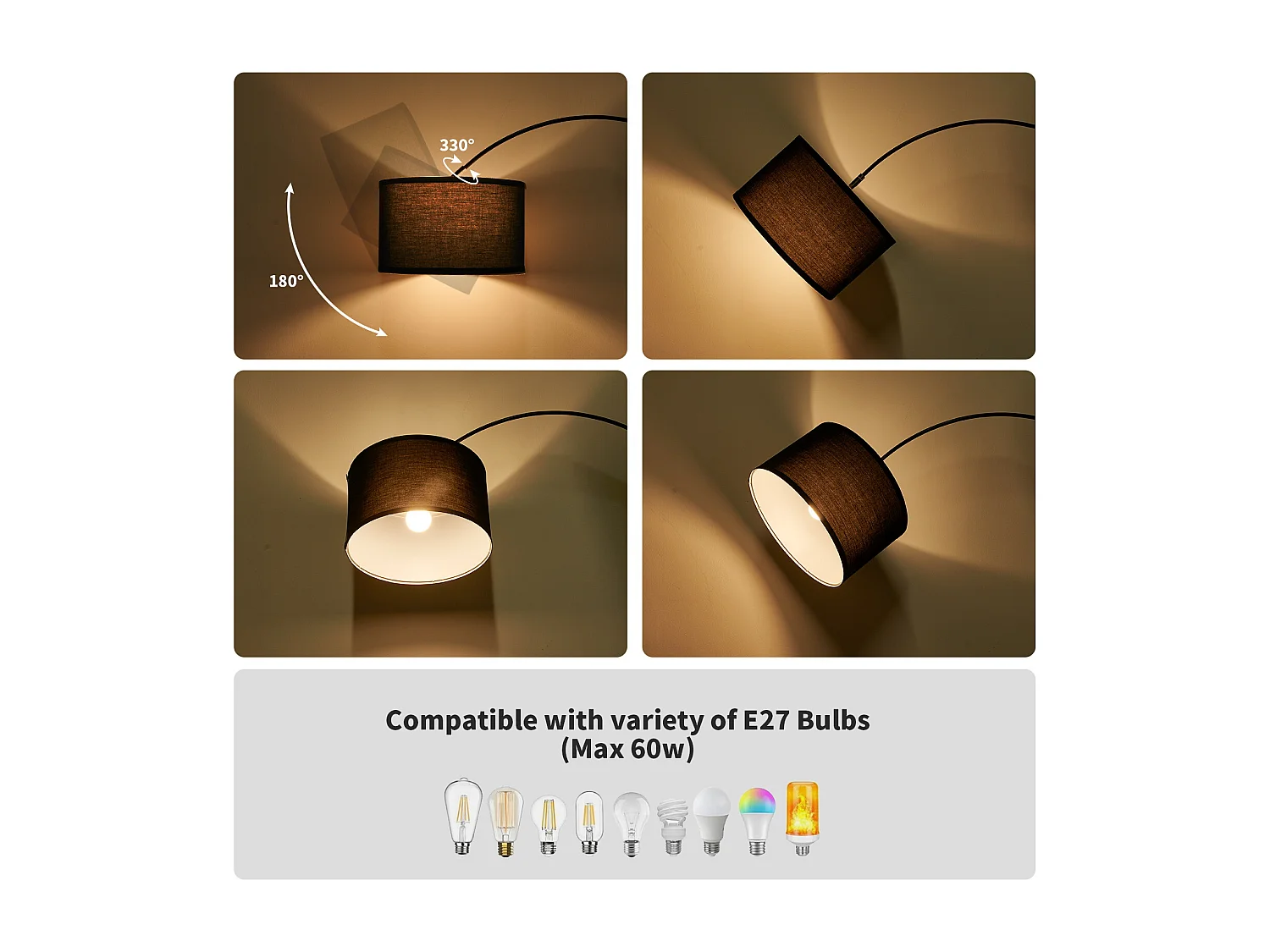 JASMIN Bogen-Stehleuchte | Klassische Stehlampe | E27 9 W 3000 K LED-Birne enthalten | 33 cm schwarzer Lampenschirm | Fußschalter für Schlafzimmer/Büro/Hotel