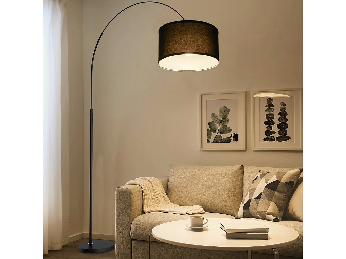 JASMIN Bogen-Stehleuchte | Klassische Stehlampe | E27 9 W 3000 K LED-Birne enthalten | 33 cm schwarzer Lampenschirm | Fußschalter für Schlafzimmer/Büro/Hotel