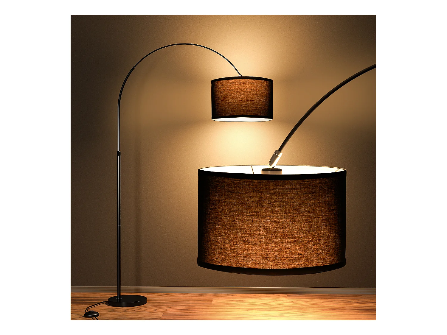 Lampadaire Arc JASMIN | Lampe Sur Pied Classique| Ampoule LED E27 9W 3000K incluse|33cm Abat-jour Noir| Interrupteur au pied pour Chambre/Bureau/Hôtel