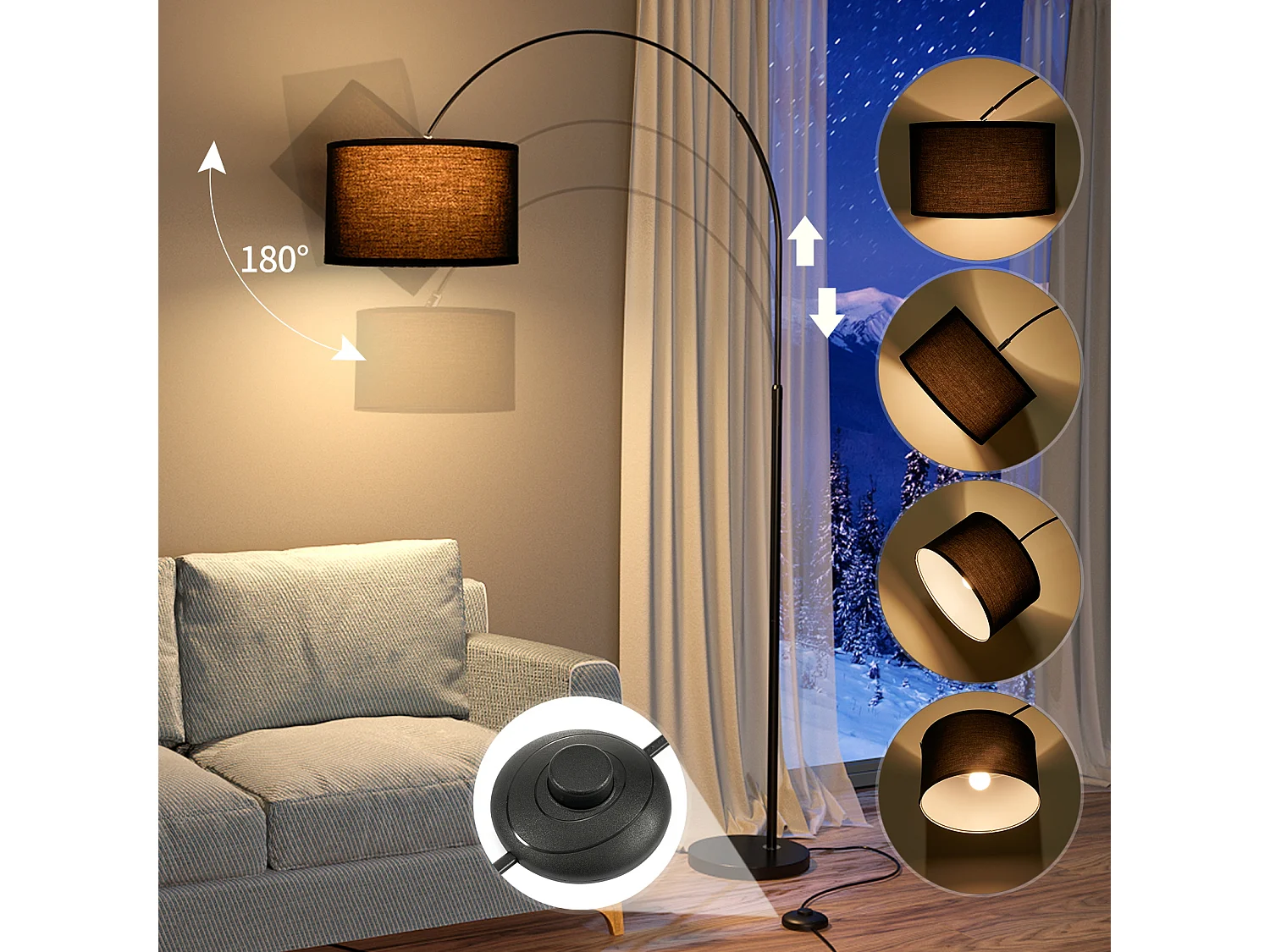 Bogen-Stehleuchte | Klassische Stehlampe | E27 9 W 3000 K LED-Birne enthalten | 33 cm schwarzer Lampenschirm | Fußschalter für Schlafzimmer/Büro/Hotel