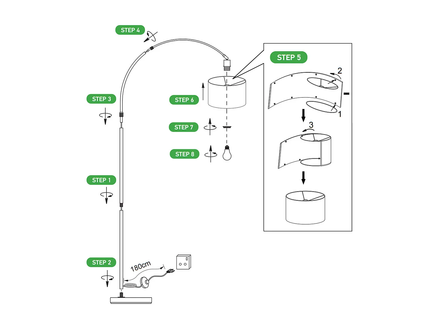 Bogen-Stehleuchte | Klassische Stehlampe | E27 9 W 3000 K LED-Birne enthalten | 33 cm schwarzer Lampenschirm | Fußschalter für Schlafzimmer/Büro/Hotel
