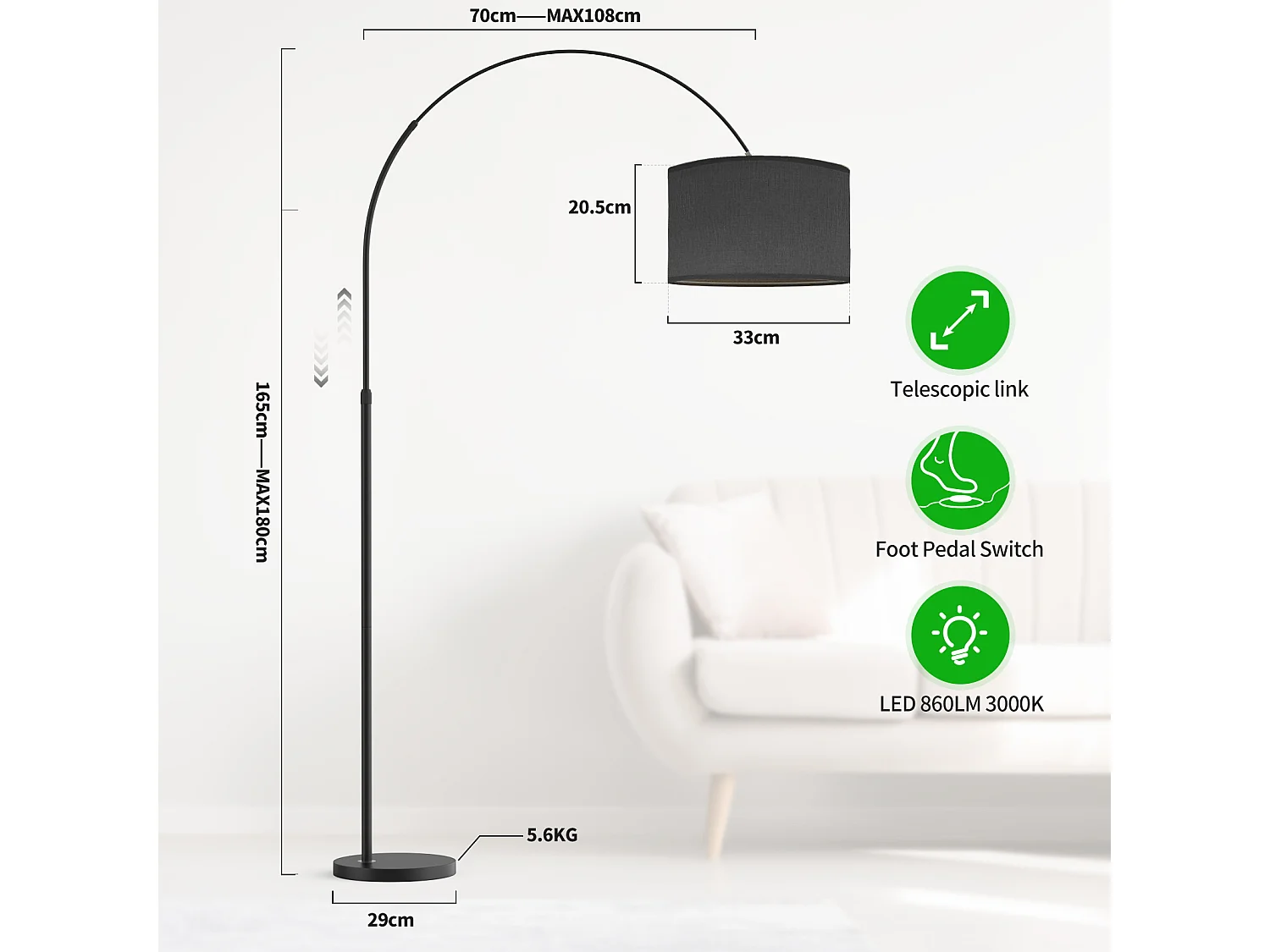 Bogen-Stehleuchte | Klassische Stehlampe | E27 9 W 3000 K LED-Birne enthalten | 33 cm schwarzer Lampenschirm | Fußschalter für Schlafzimmer/Büro/Hotel