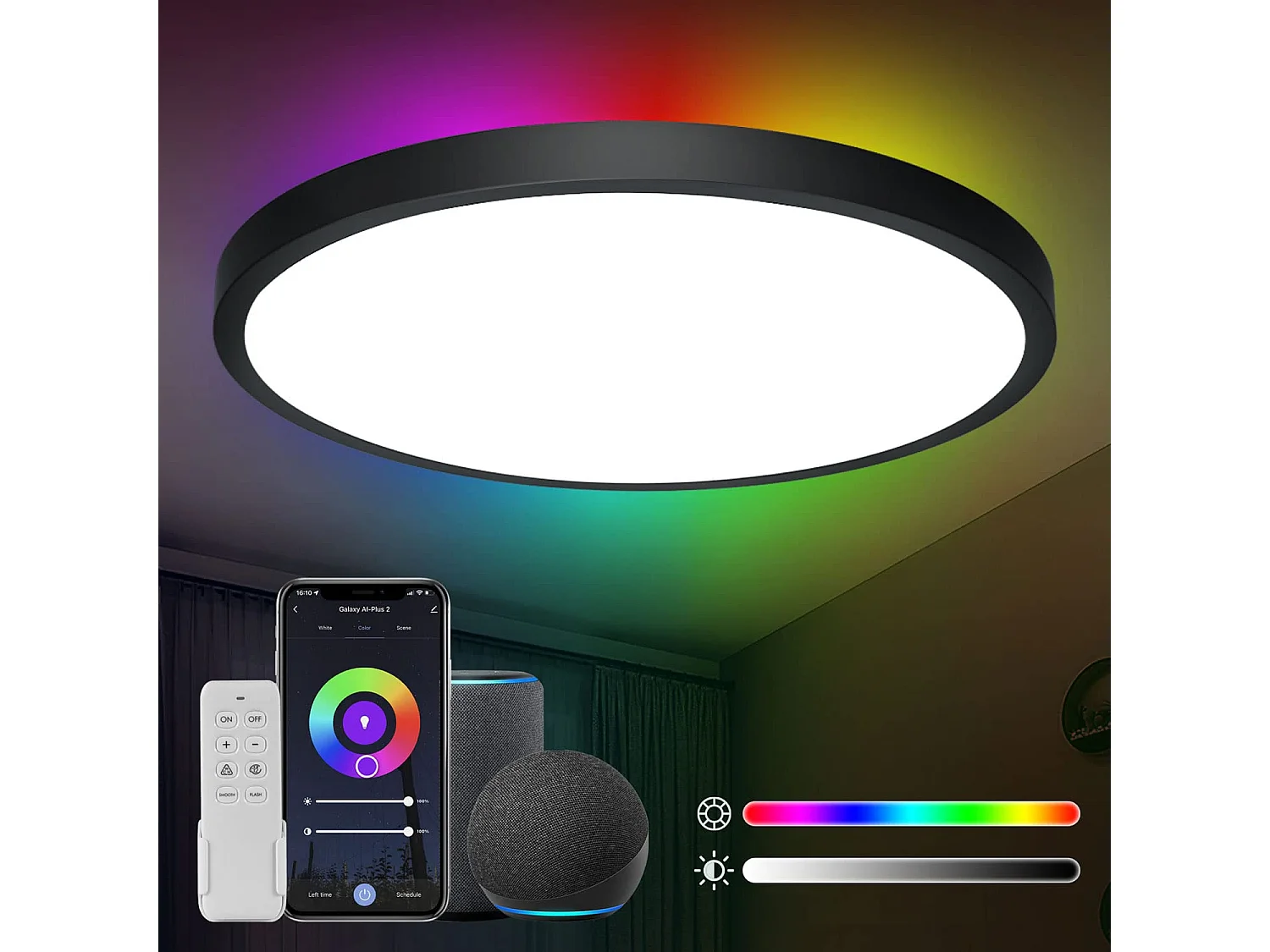 Anten Smart LED-Deckenleuchte 24W(Ø 30cm)|RGB-Hintergrundbeleuchtung| Einstellbare Farbtemperatur 3000–6500 K | Kompatibel mit Alexa/Google Assistant, Schwarz
