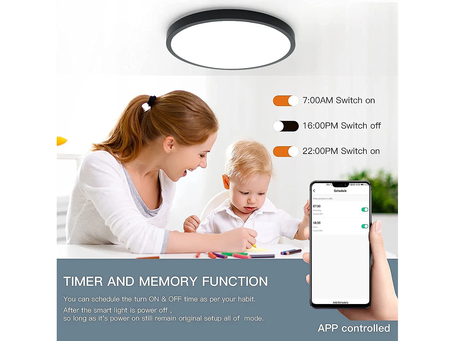 Anten Smart LED-Deckenleuchte 24W(Ø 30cm)|RGB-Hintergrundbeleuchtung| Einstellbare Farbtemperatur 3000–6500 K | Kompatibel mit Alexa/Google Assistant, Schwarz