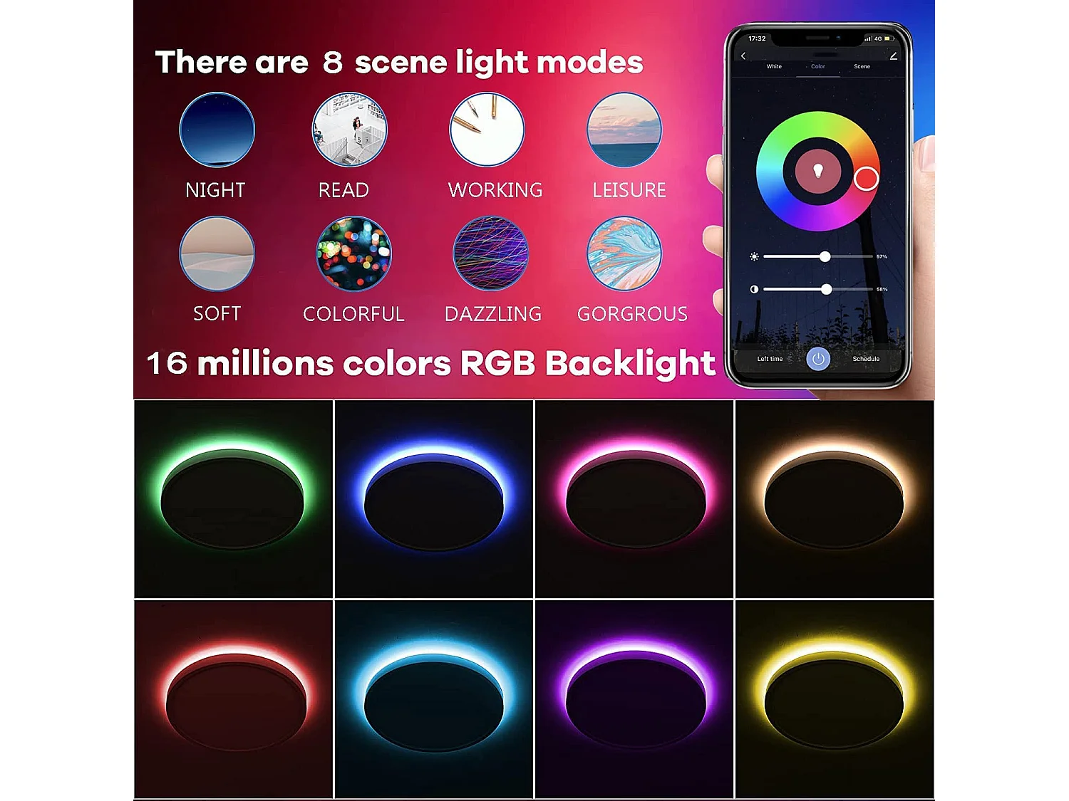 Anten Smart LED-Deckenleuchte 24W(Ø 30cm)|RGB-Hintergrundbeleuchtung| Einstellbare Farbtemperatur 3000–6500 K | Kompatibel mit Alexa/Google Assistant, Schwarz