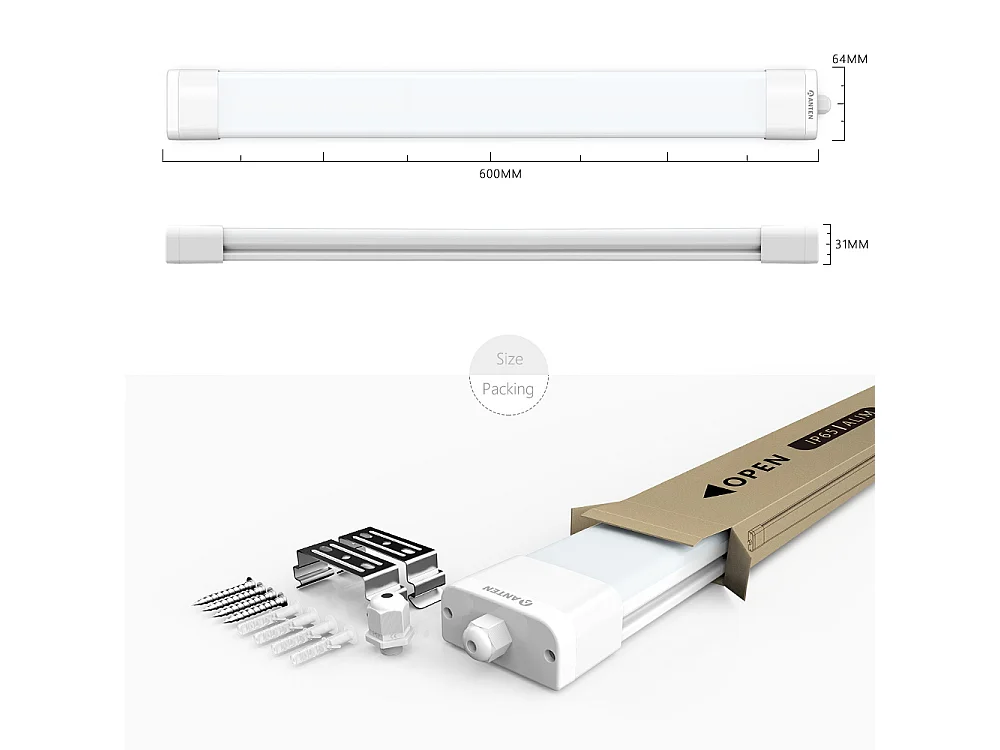 Anten Neon LED 60CM/18W/1980lm Kaltweiß 4000K LED Röhre, LED Streifenlicht, IP65 wasserdichte Deckenleuchte für Werkstatt, Keller, Büro, Kochfeld