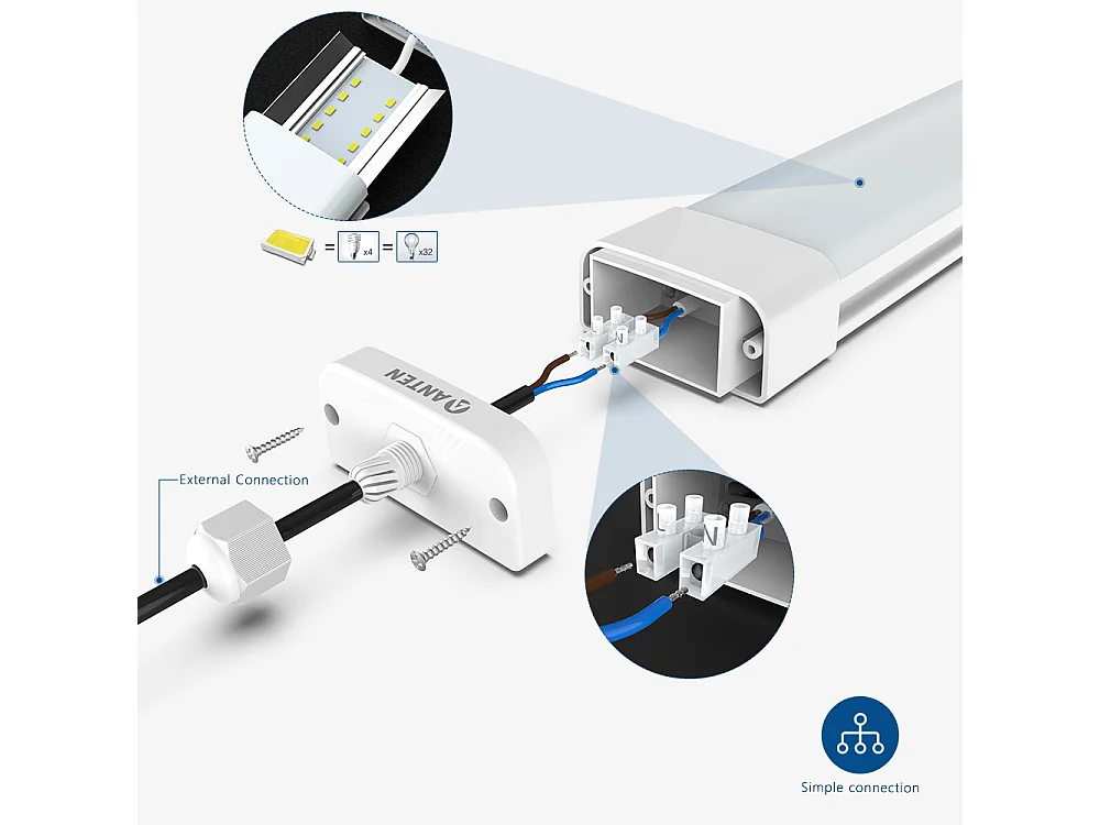 LED-Antenne 120 cm, 36 W, 3600 lm, kaltweiß 6000 K, LED-Röhre, LED-Lichtleiste, IP65 wasserdichte Deckenleuchte, Werkstatt, Keller, Büro, Scheune, groß