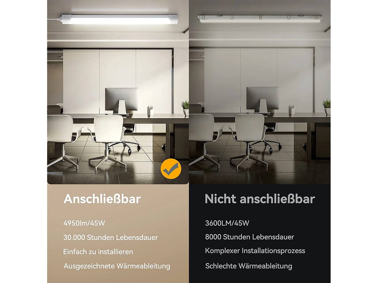 Anten Neon LED 150CM|45W 4950lm Connectable Tube LED|Blanc Naturel(4000K)Reglette LED IP65 pour Garage Ateliers Sous-sol Salle bain Bureau Parking