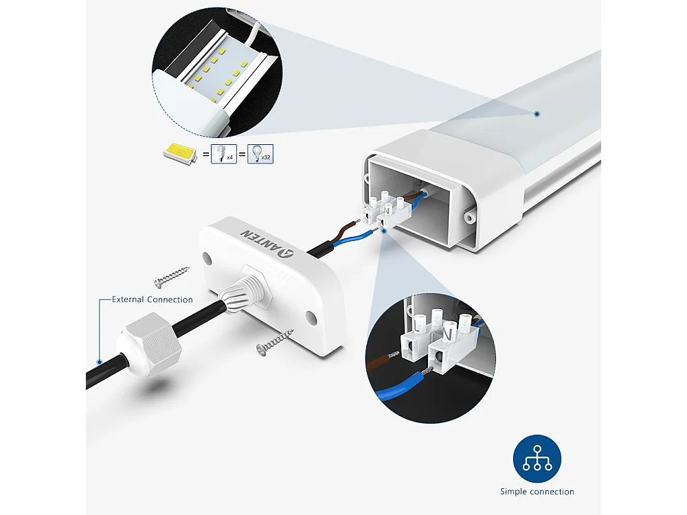 Anten LED-Lichtleiste, IP65, wasserdicht, 150 cm, 4950 lm, 45 W, Kaltweiß 4000 K, LED-Röhre, Deckenleuchte, Werkstatt/Keller/Büro/Hobby/Scheune