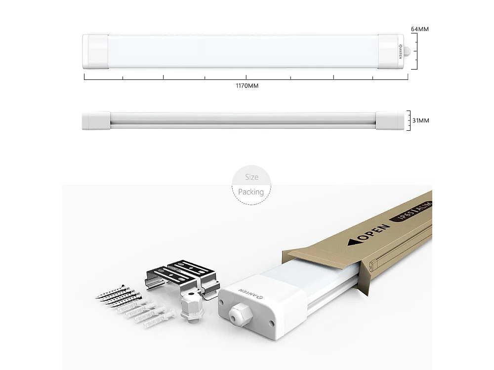 Anten LED-Röhrenstreifen 120 cm, LED-Deckenleuchte fürs Badezimmer, IP65 wasserdichte LED-Leuchtstoffröhrenlampe, ultradünn, 3960 lm, 36 W, 6000 K, Neutralweiß