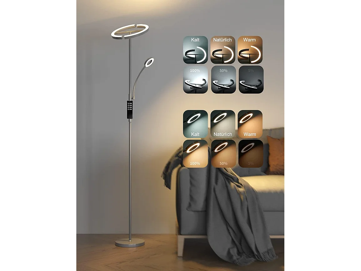 Anten Stehlampe Wohnzimmer, 20W LED Stehlampe Stufenlos Dimmbar mit 7W Flexible Leselampe, 3 Farbtemperaturen, Wohnzimmer/Schlafzimmer/Büro