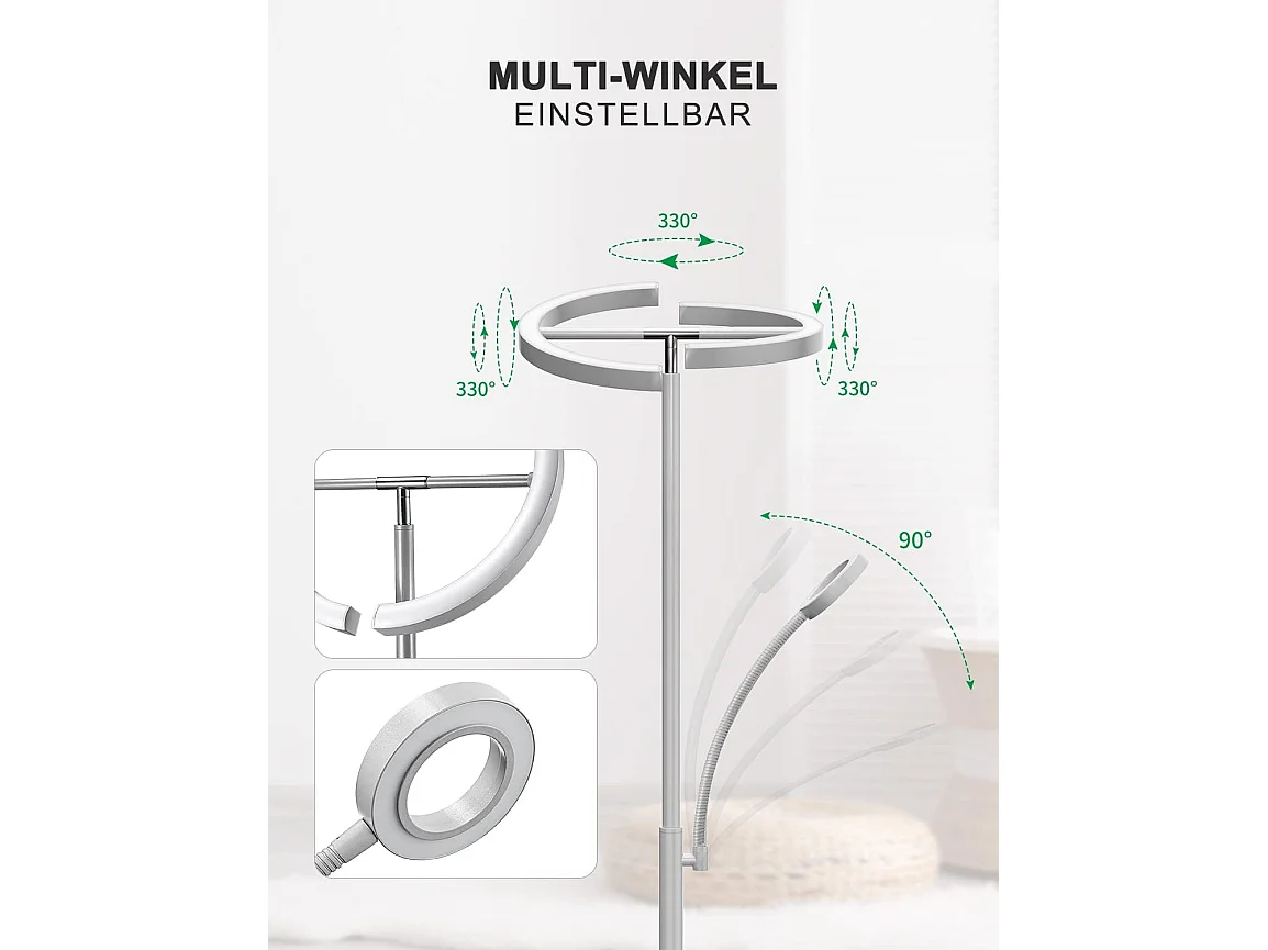 Anten Stehlampe Wohnzimmer, 20W LED Stehlampe Stufenlos Dimmbar mit 7W Flexible Leselampe, 3 Farbtemperaturen, Wohnzimmer/Schlafzimmer/Büro