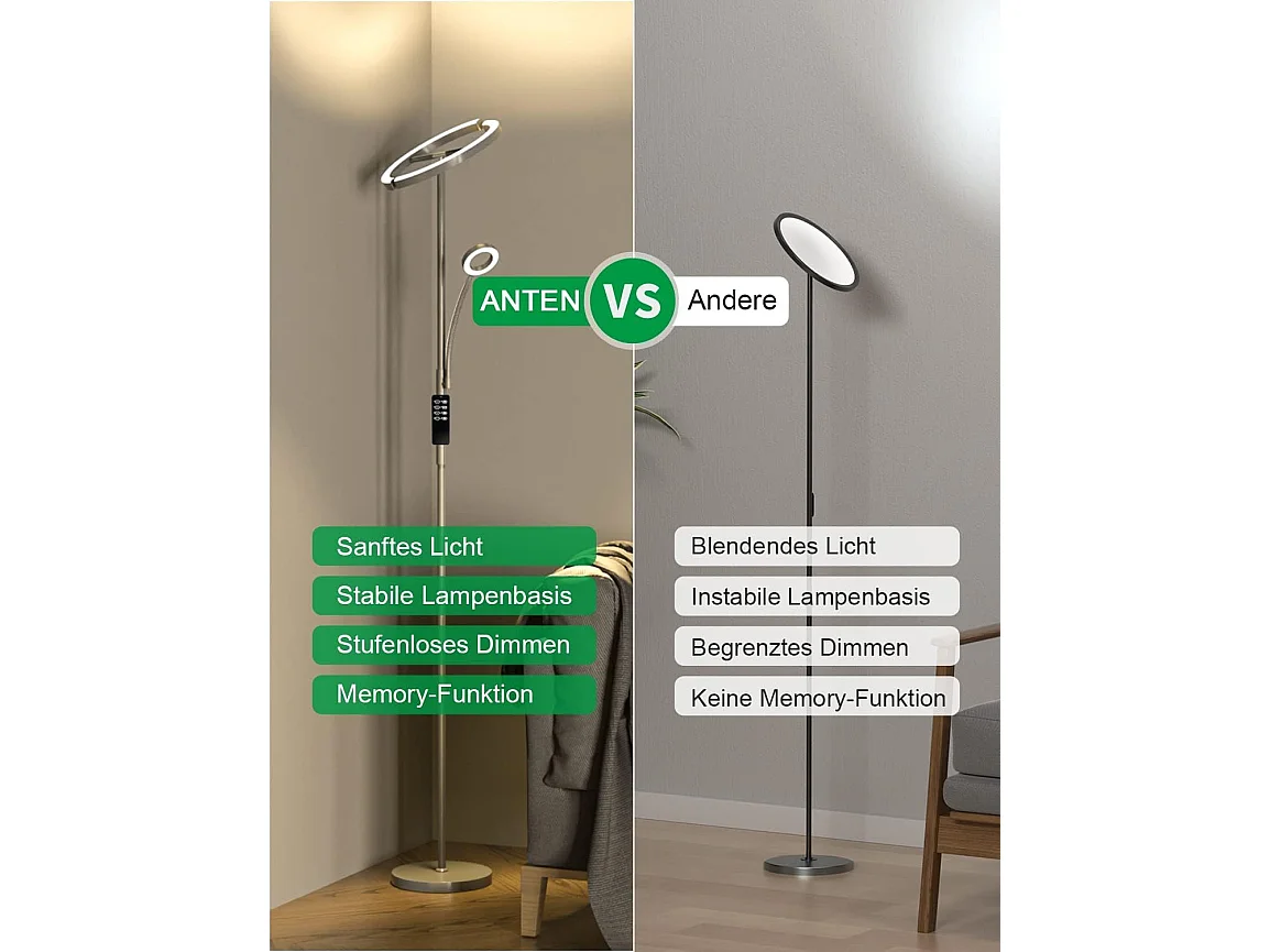 Anten Stehlampe Wohnzimmer, 20W LED Stehlampe Stufenlos Dimmbar mit 7W Flexible Leselampe, 3 Farbtemperaturen, Wohnzimmer/Schlafzimmer/Büro