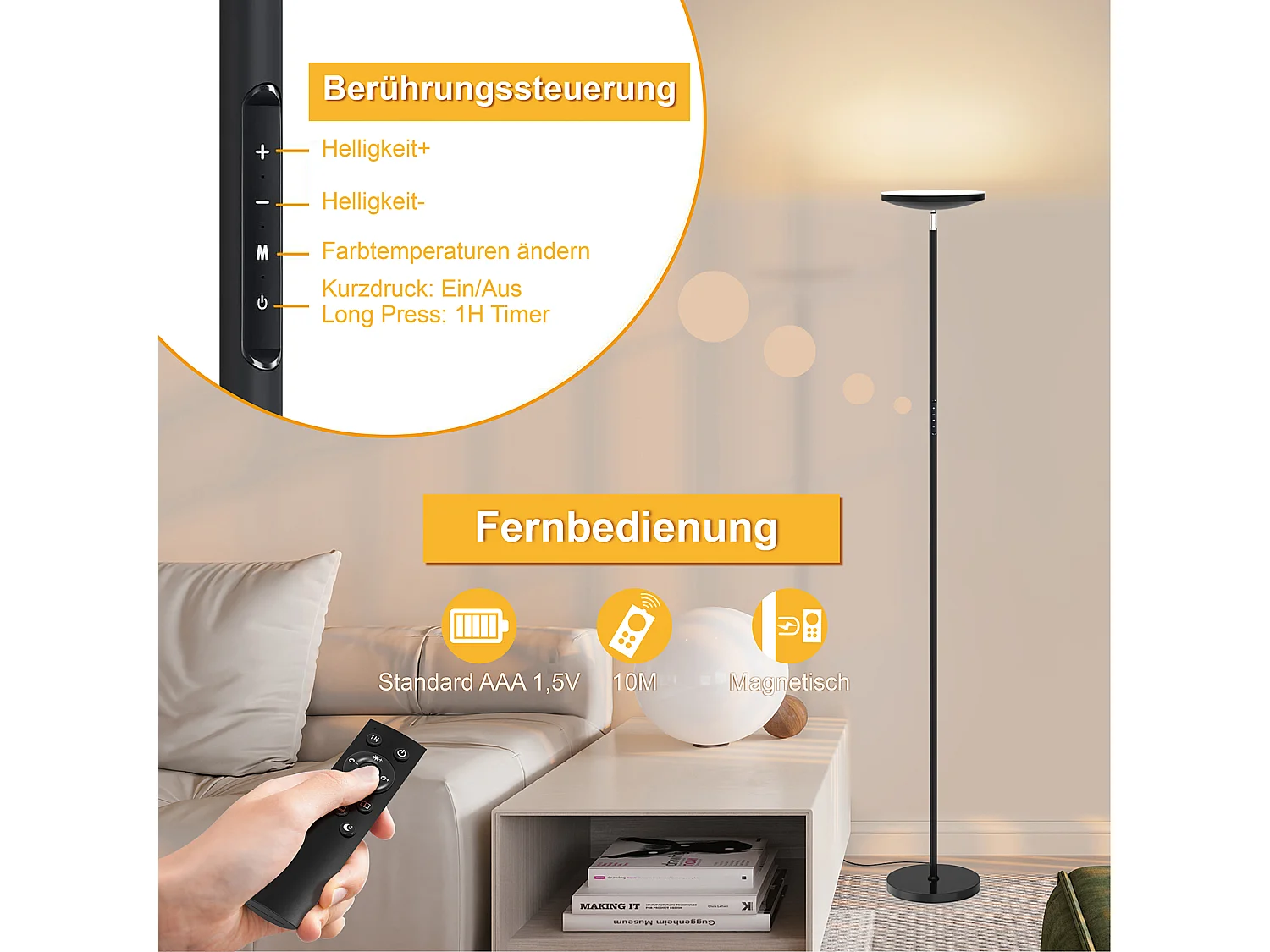 Anten Lampadaire Noir | 30 W à intensité variable avec télécommande | 3 couleurs de lumièr |Luminosité réglable en continu pour salon bureau