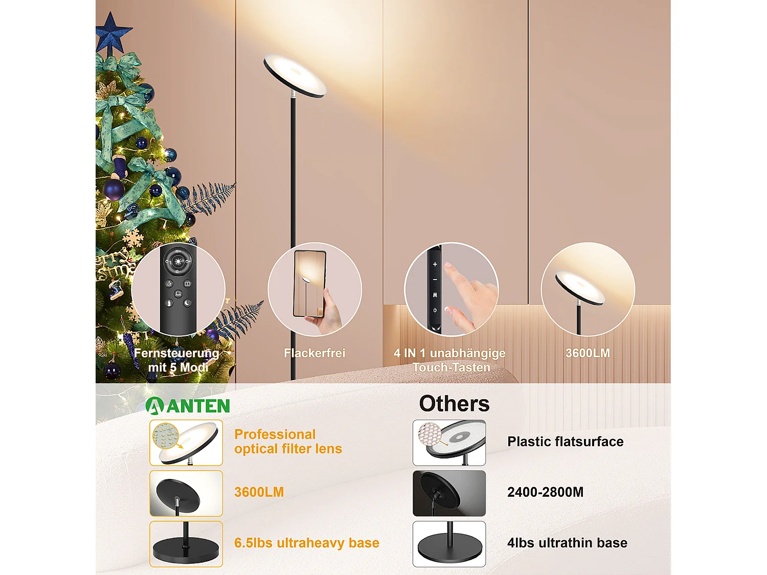 Anten Lampadaire Noir | 30 W à intensité variable avec télécommande | 3 couleurs de lumièr |Luminosité réglable en continu pour salon bureau
