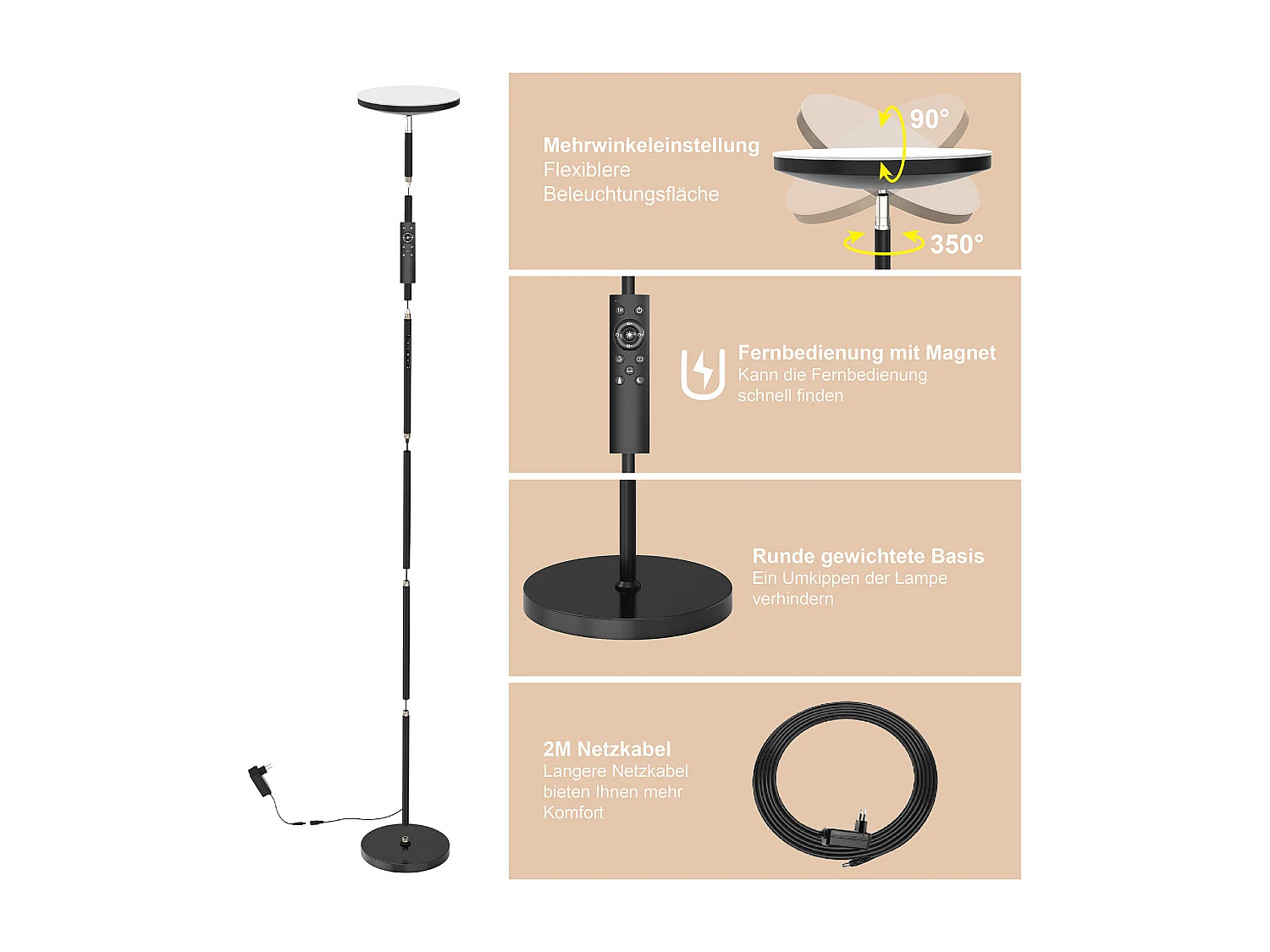 Anten Lampadaire Noir | 30 W à intensité variable avec télécommande | 3 couleurs de lumièr |Luminosité réglable en continu pour salon bureau
