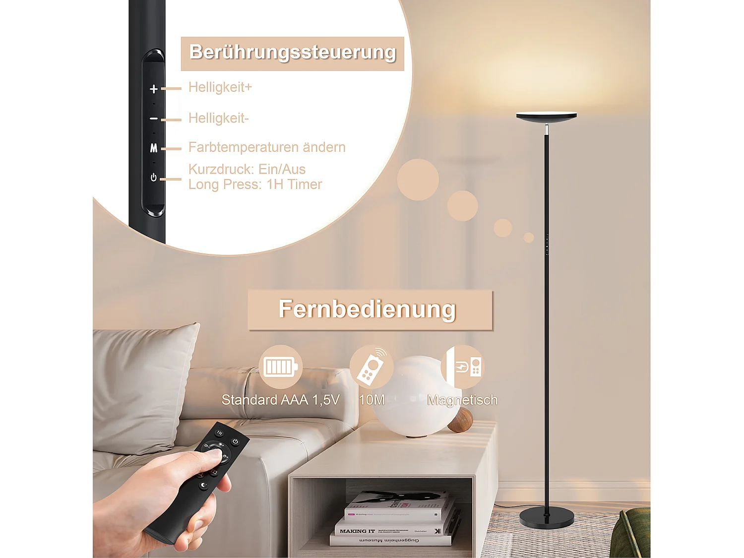 Anten Lampadaire Noir | 30 W à intensité variable avec télécommande | 3 couleurs de lumièr |Luminosité réglable en continu pour salon bureau