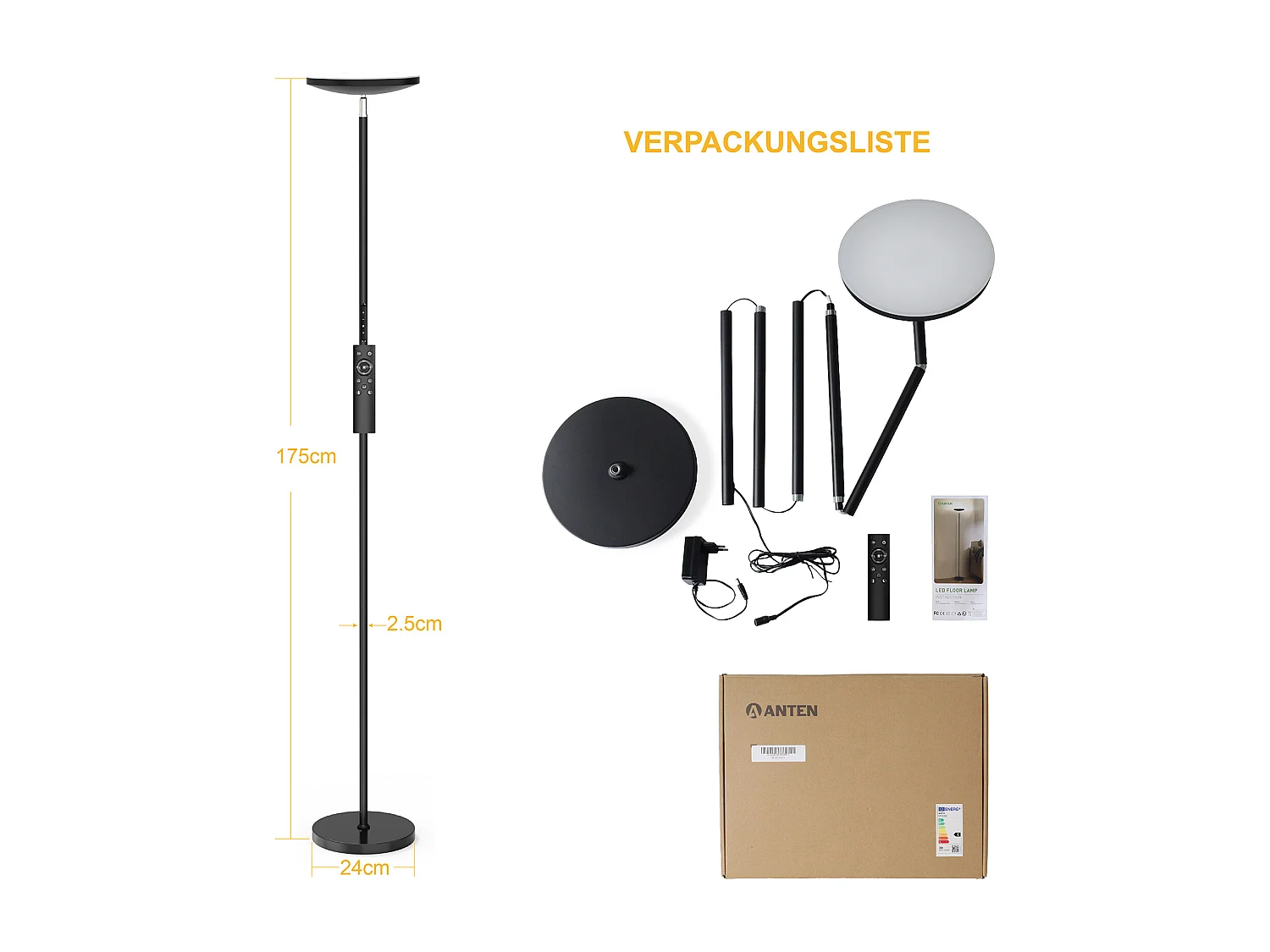 Anten Lampadaire Noir | 30 W à intensité variable avec télécommande | 3 couleurs de lumièr |Luminosité réglable en continu pour salon bureau