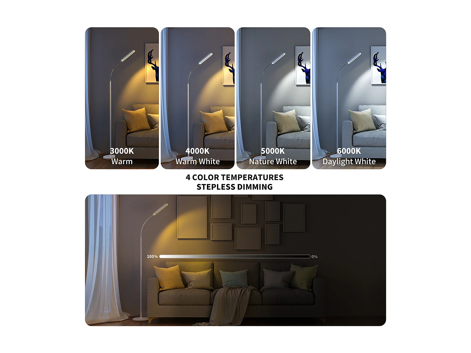 ANTEN LED-Stehleuchte, dimmbares Leselicht mit flexiblem Schwanenhals, 12 W, 550 Lumen, Touch-Steuerung, 4 Farbtemperaturen, 1-Stunden-Timer