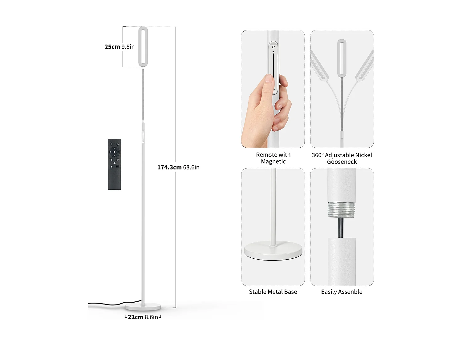 ANTEN LED-Stehleuchte, dimmbares Leselicht mit flexiblem Schwanenhals, 12 W, 550 Lumen, Touch-Steuerung, 4 Farbtemperaturen, 1-Stunden-Timer