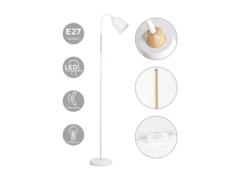 Lampadaire Sur Pied Blanc 360° Anten VILI |Pivotant Douille E27 max60W|Lampe Canapé en métal,hauteur 159cm|pour Salon Canapé Chambre à coucher