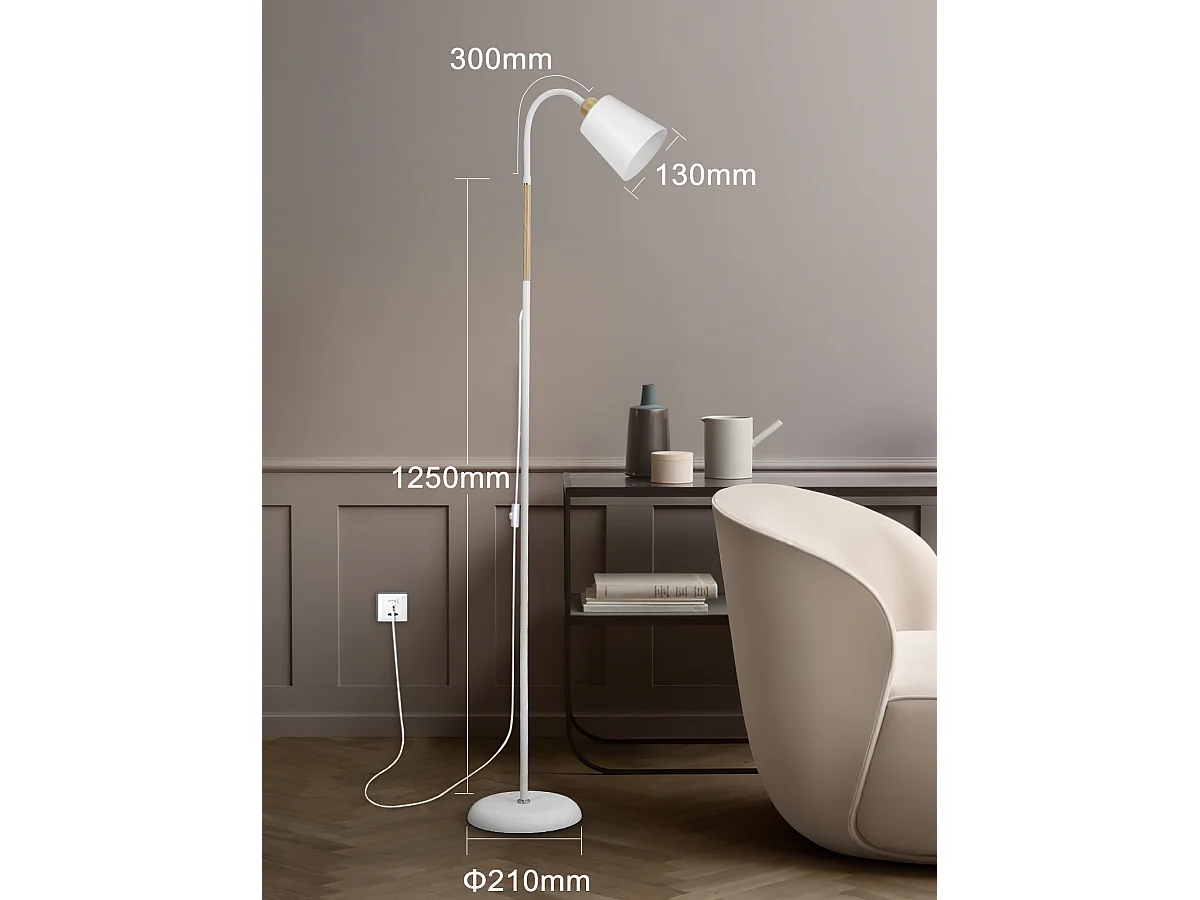 Lampadaire Sur Pied Blanc 360° Anten VILI |Pivotant Douille E27 max60W|Lampe Canapé en métal,hauteur 159cm|pour Salon Canapé Chambre à coucher