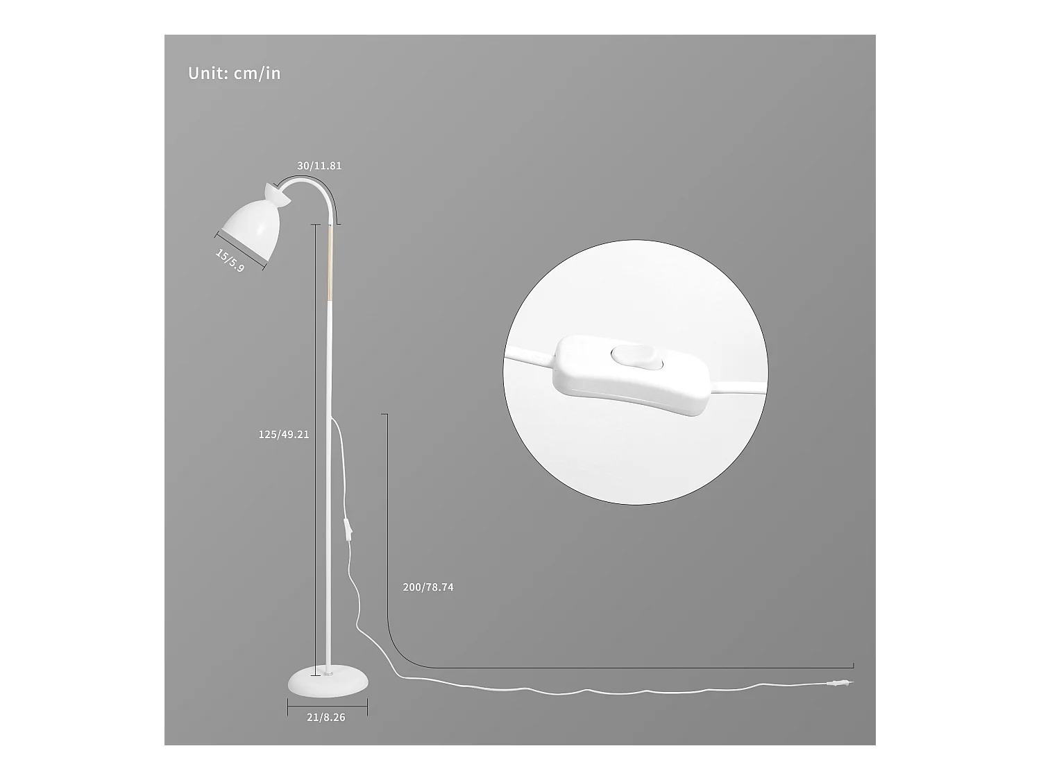 Verstellbare Stehlampe Anten, Weiß | Fassung E27 max. 60 W | 159 cm | Retro-Stehlampe aus Metall für Wohnzimmer, Schlafzimmer, Büro | Ohne Leuchtmittel