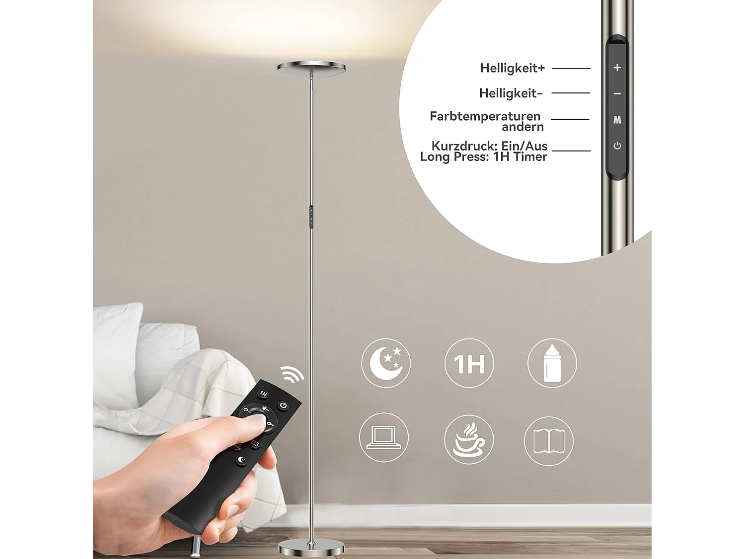 30W LED Stehlampe Dimmbar Nickel,3330lm Stehlampen Wohnzimmer mit Fernbedienung & Touch Control,3000-6000K,1H Timer,für Schlafzimmer Büro