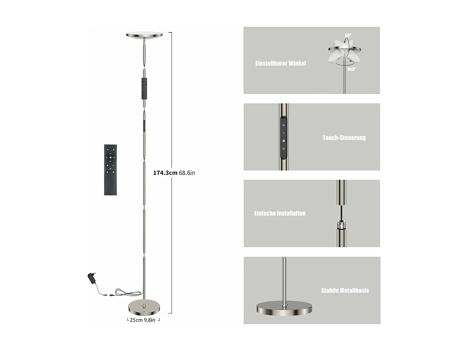 30W LED Stehlampe Dimmbar Nickel,3330lm Stehlampen Wohnzimmer mit Fernbedienung & Touch Control,3000-6000K,1H Timer,für Schlafzimmer Büro