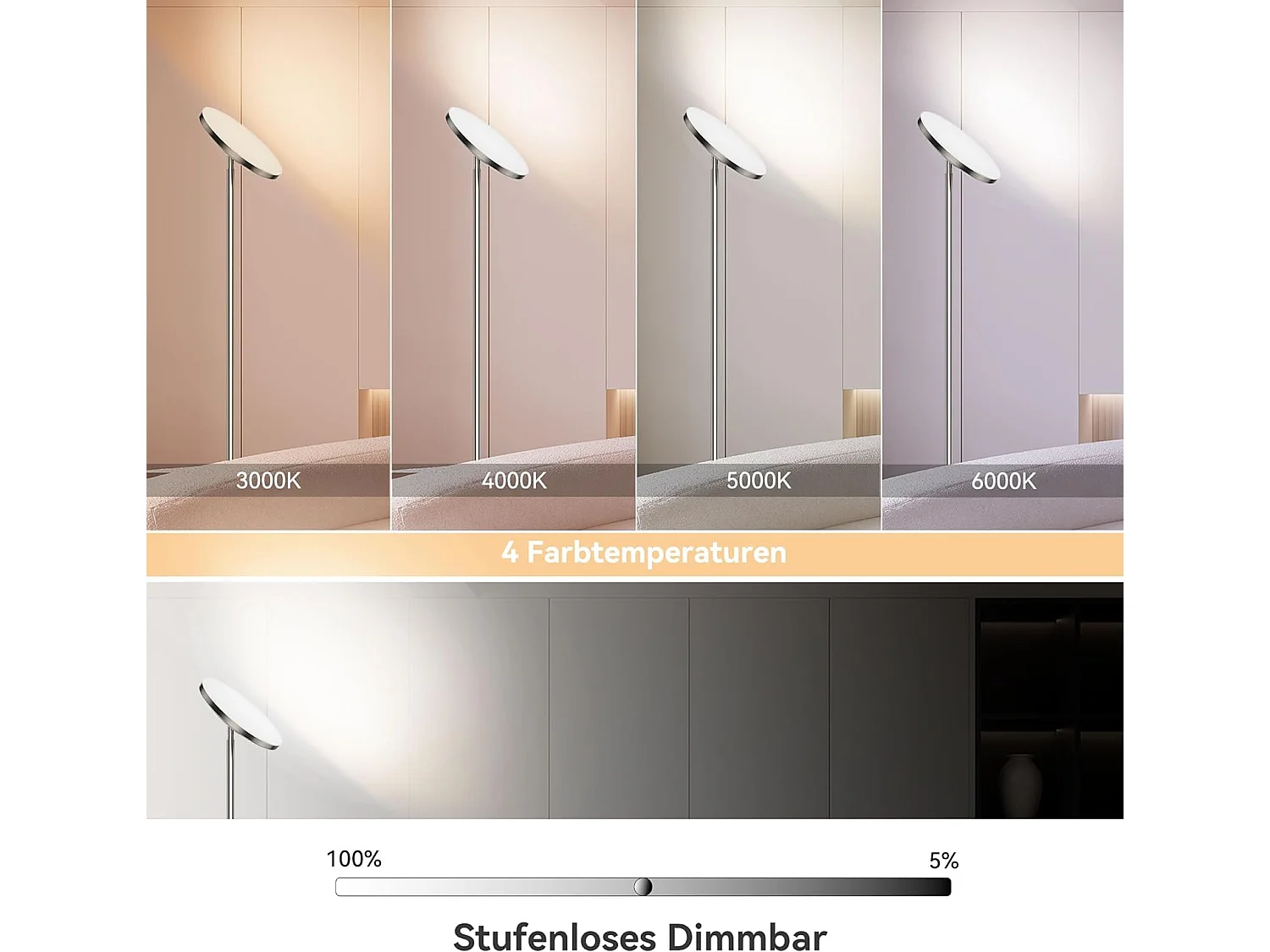 30W LED Stehlampe Dimmbar Nickel,3330lm Stehlampen Wohnzimmer mit Fernbedienung & Touch Control,3000-6000K,1H Timer,für Schlafzimmer Büro