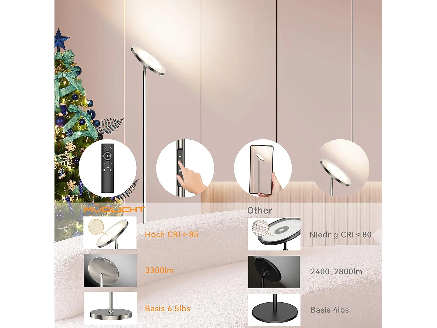 30W LED Stehlampe Dimmbar Nickel,3330lm Stehlampen Wohnzimmer mit Fernbedienung & Touch Control,3000-6000K,1H Timer,für Schlafzimmer Büro