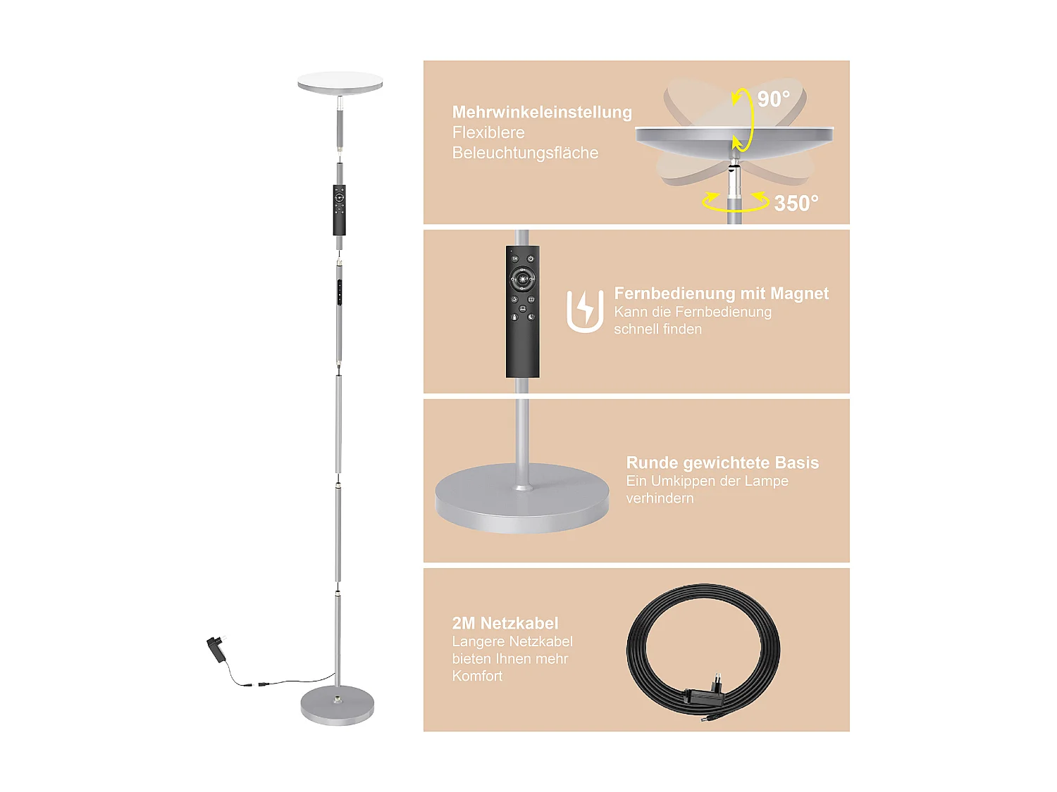 Anten Lampadaire LED, 30W/3300M Lumineux Lampadaire,3000K-6000K Dimmable Lampe sur Pied avec Télécommande et Contrôle Tactile,pour Chambre et Bureau